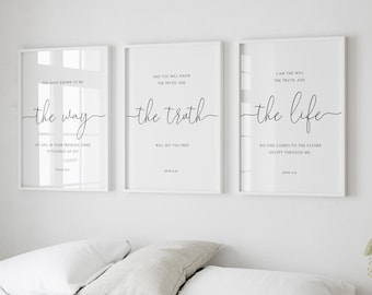 Bible Verse Wall Art Set of 3, The Wаy The Life The Truth, John 14:6, Minimal Christian Home Decor, Large Scripture Wall Print Bundle