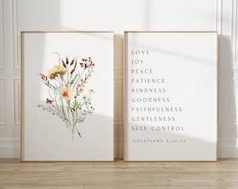 Floral Fruit of the Spirit Print Set, Galatians 5:22-23, Christian Wall Art