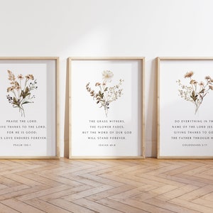 Christian Floral Set of 3, Bible Verse Wall Art, Botanical Scripture Print, Isaiah 40:8 Poster, Christian Wall Art, Minimal Home Decor