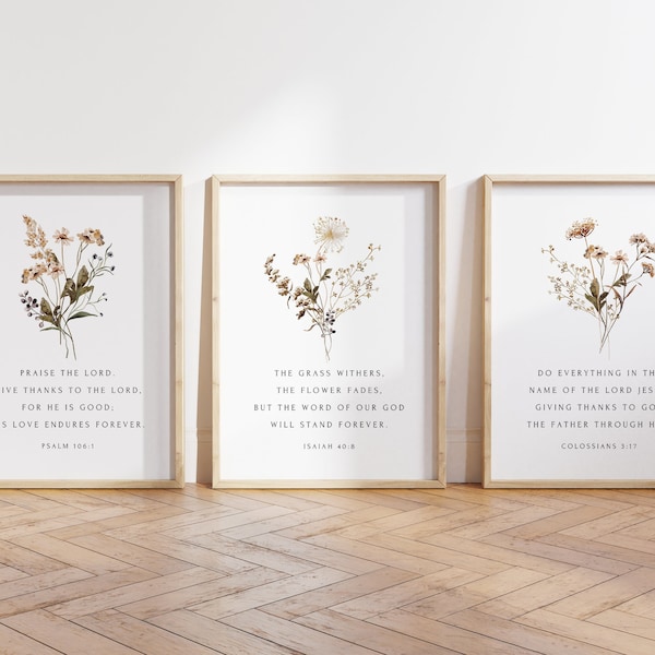 Christian Floral Set of 3, Bible Verse Wall Art, Botanical Scripture Print, Isaiah 40:8 Poster, Christian Wall Art, Minimal Home Decor