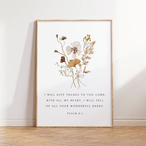 Fall Christian Wall Art, Give Thanks, Psalm 9:1, Thanksgiving Scripture Print, Floral Bible Verse Art, Holiday Decor, Religious Gift
