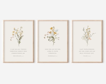 Christian Floral Set of 3, Bible Verse Wall Print, Nehemiah 8:10, Botanical Scripture, Wildflower Christian Wall Art, Minimal Home Decor