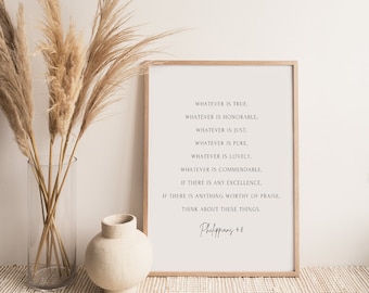 Whatever Is True, Philippians 4:8, Minimal Christian Wall Art, Bible Verse Poster, Scripture Wall Decor, Christian Poster Decor