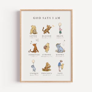 Classic Winnie the Pooh Wall Art, God Says I AM Biblical Affirmations, Christian Nursery Decor