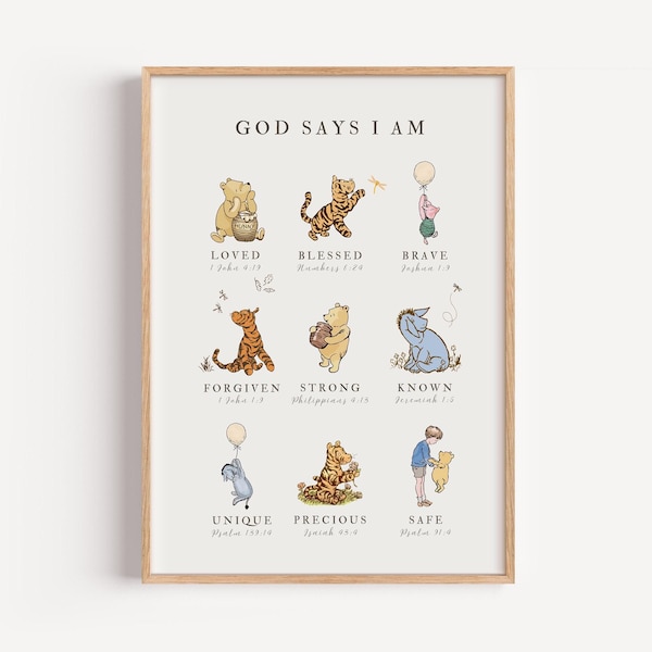 Classic Winnie the Pooh Wall Art, God Says I AM Biblical Affirmations, Christian Nursery Decor