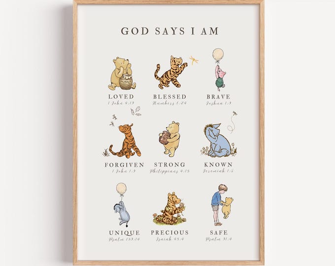 Classic Winnie the Pooh Wall Art, God Says I AM Biblical Affirmations, Christian Nursery Decor