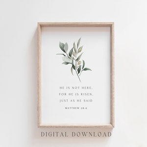 Pode incluir: Um download digital imprimível de uma ilustração em aquarela de folhas verdes com o texto "Ele não está aqui. Porque ele ressuscitou, como disse. Mateus 28:6".
