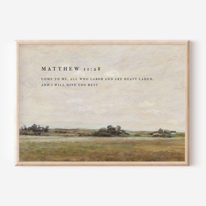 Mateo 11:28, Lámina con versículo bíblico para la calma, Arte vintage de paisaje campestre, Arte cristiano inspirador para la pared, Decoración moderna con versículos bíblicos, Regalo de fe