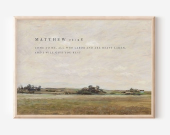Matthew 11:28, Calming Bible Verse Print, Vintage Field Landscape Art, Encouraging Christian Wall Art, Modern Scripture Decor, Faith Gift