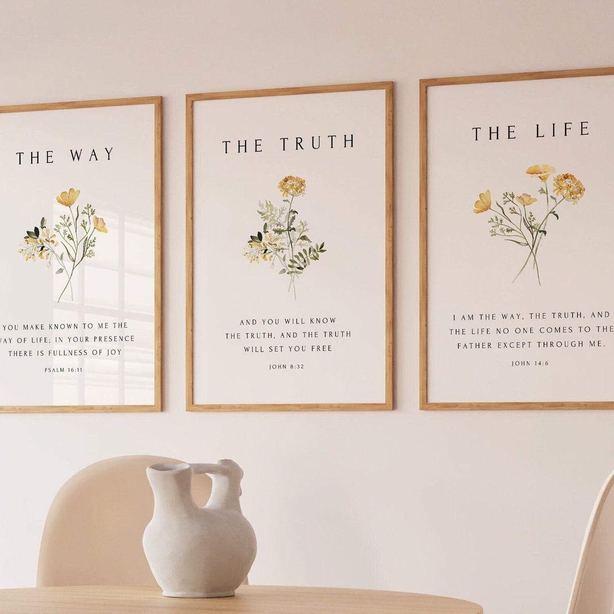 Christian Floral Set of 3, the Way, the Truth, the Life, Bible Verse Wall Print, Botanical Scripture, Christian Wall Art, Minimal Home Decor - Etsy