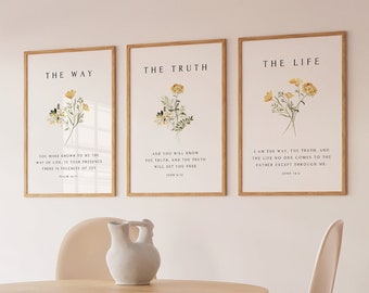 Christian Floral Set of 3, The Way, The Truth, The Life, Bible Verse Wall Print, Botanical Scripture, Christian Wall Art, Minimal Home Decor