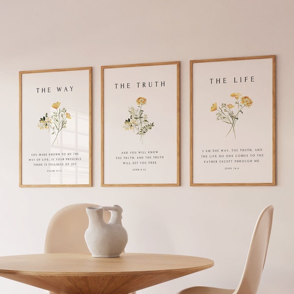 Christelijke bloemenset van 3, The Way, The Truth, The Life, bijbelvers muurafdruk, botanische schrift, christelijke kunst aan de muur, minimal Home Decor