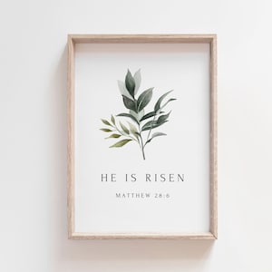 He is Risen, Matthew 28:6, Easter Christian Wall Art, Minimal Bible Verse Print, Botanical Scripture Poster, Modern Easter Home Decor