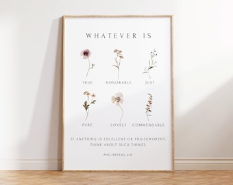 Whatever is True, Philippians 4:8 Poster, Botanical Christian Wall Art, Floral Bible Verse Print, Modern Scripture Decor, Holiday Gift