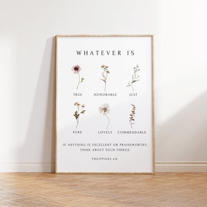 Whatever is True, Philippians 4:8 Poster, Botanical Christian Wall Art, Floral Bible Verse Print, Modern Scripture Decor, Holiday Gift