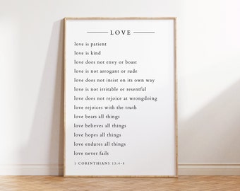 Love Is Patient, 1 Corinthians 13:4-8, Bible Verse Wall Art, Minimal Scripture Print, Christian Home Decor, Religious Wedding Gift