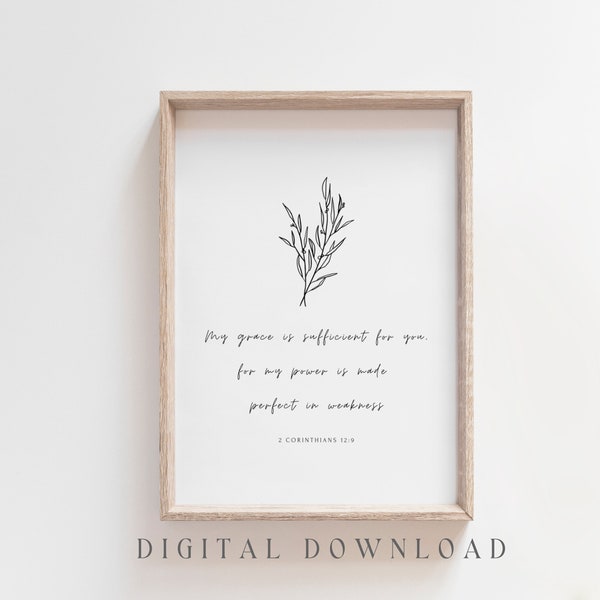 Printable Christian Wall Art, Digital Download, 2 Corinthians 12:9, Minimal Bible Verse Printable, Christian Wall Art, Christian Gift