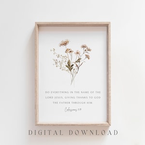 IN HIS NAME Colossians 3:17, Botanical Christian Print, Modern Christian Wall Art, Minimal Bible Verse Wall Art, Botanical Christian Decor