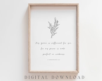 Arte cristiano de pared imprimible, descarga digital, 2 Corintios 12:9, versículo bíblico minimalista imprimible, arte cristiano de pared, regalo cristiano