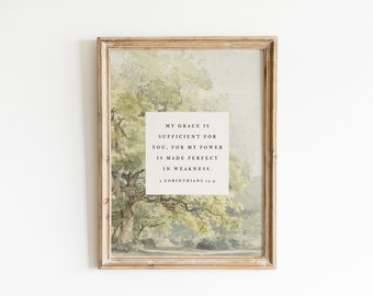 Christian Wall Art, 2 Cor 12:9, Bible Verse Print, My Grace Is Sufficient, Modern Scripture Decor, Vintage Tree Sketch, Encouraging Faith