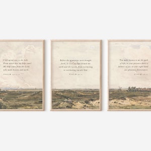 Kristen konst, set med 3, Psalm 121, väggtavla med bibelverser, vintagelandskapskonst, illustrerad bibelversväggkonst, neutral vardagsrumsdekor