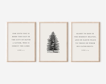 Christian Christmas Set of 3, Holiday Bible Verse Wall Print, Luke 2, Winter Tree Poster, Typography Scripture Art, Religious Home Decor