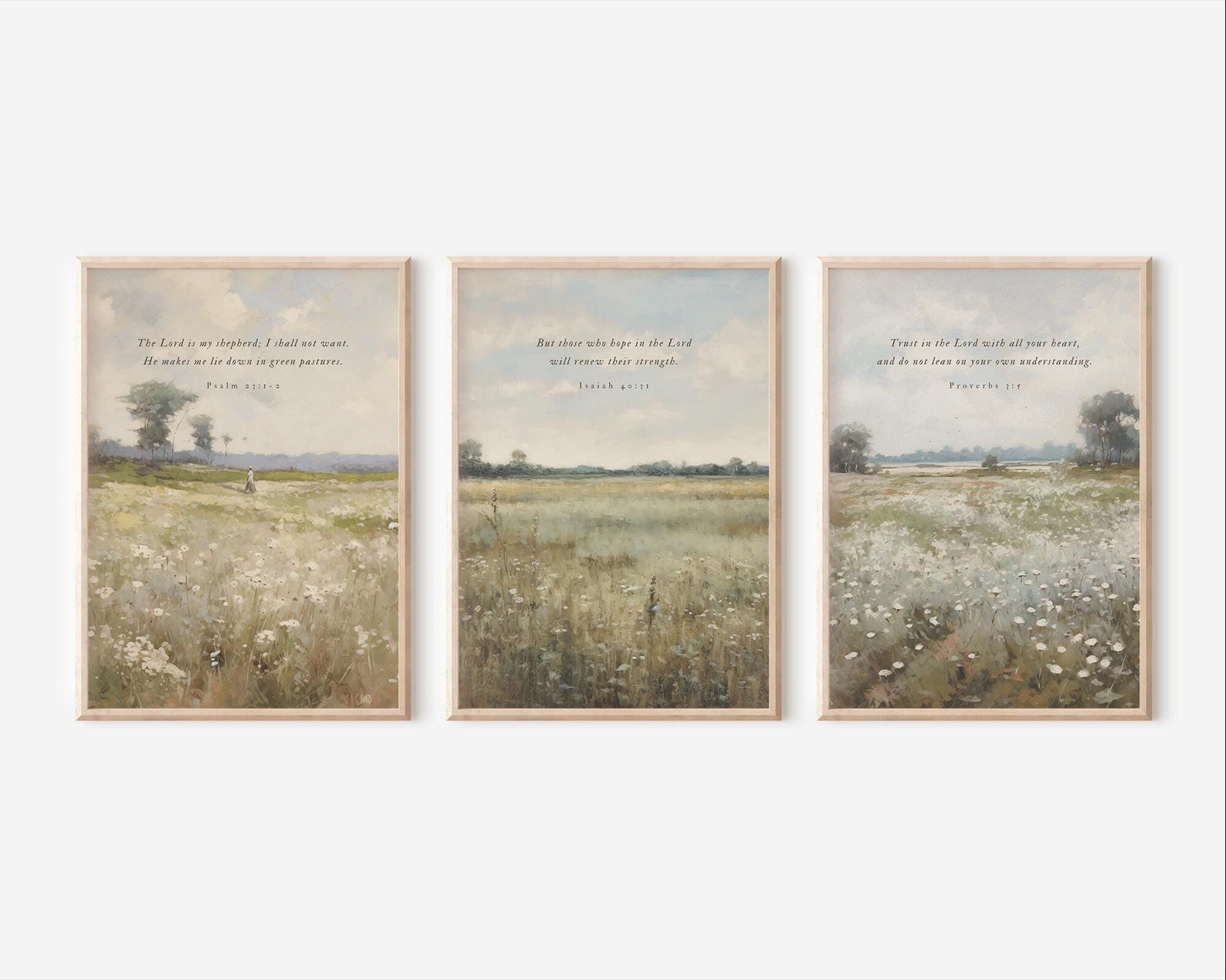 Christian Wall Art Set | Wildflower Bible Verse Prints | Vintage Scripture Floral Art | Psalm 23