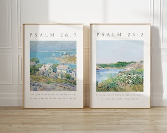 Christian Wall Art Set of 2, Psalm 23, Watercolor Landscape Bible Verse Print, Modern Scripture Decor, Religious Home Decor, Holiday Gift