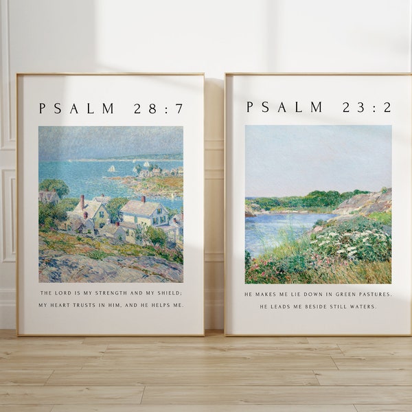 Juego de 2 lienzos cristianos para pared, Salmo 23, impresión de versículos bíblicos con paisaje en acuarela, decoración moderna con escrituras, decoración religiosa para el hogar, regalo navideño