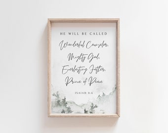 Christian Christmas Wall Art, Isaiah 9:6, Watercolor Bible Verse Art, He Will Be Called,  Holiday Scripture Print, Religious Home Decor