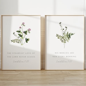 Christian Floral Poster Set of 2, His Mercies Are New Every Morning, Lamentations 3:22-23, Botanical Scripture, Minimal Bible Verse Decor
