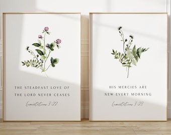 Conjunto de pósteres con versículos bíblicos florales, arte mural cristiano, Lamentaciones 3:22-23