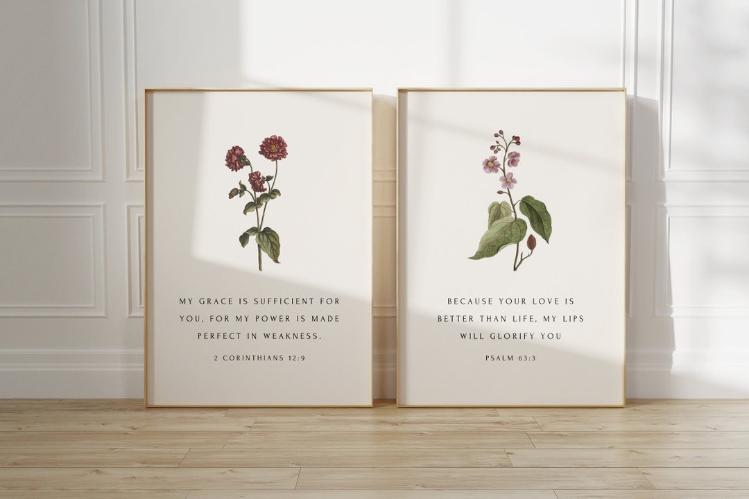 Christian Floral Poster Set of 2, Bible Verse Wall Art, 2 Cor 12:9 ...