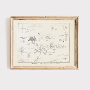 Carte en bois de 100 acres, oeuvre d'art pour chambre d'enfant Winnie l'ourson, décoration de chambre garçon vintage neutre, art mural pour chambre de bébé, impression ourson classique, cadeau pour nouveau-né