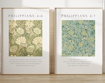 Christian Wall Art Set of 2, Fall Flower Market Bible Verse Print, Philippians 4:6-7, Modern Scripture Decor, Religious Home Gift