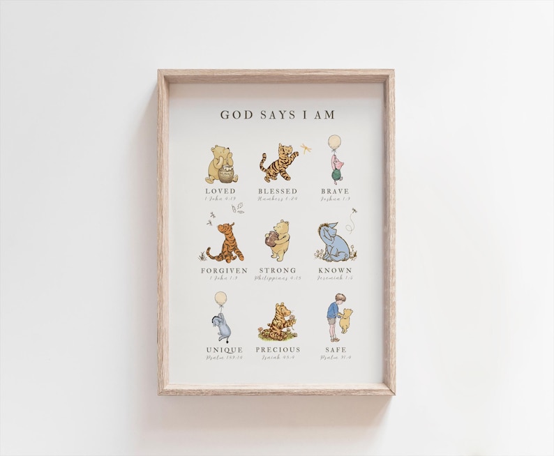 Classic Winnie The Pooh Wall Art, God Says I AM Biblical Affirmations, Christian Nursery Decor, Inspirational Scripture Print, Kid's Room