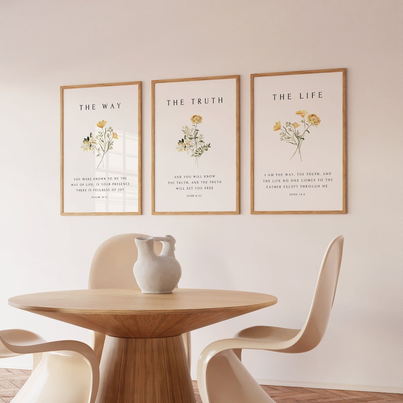 Christian Floral Set of 3, The Way, The Truth, The Life, Bible Verse Wall Print, Botanical Scripture, Christian Wall Art, Minimal Home Decor