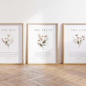 Christian Floral Set of 3, The Way, The Truth, The Life, Bible Verse Wall Print, Botanical Scripture, Christian Wall Art, Minimal Home Decor
