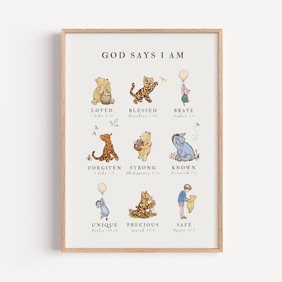 Classic Winnie the Pooh Wall Art, God Says I AM Biblical Affirmations, Christian Nursery Decor