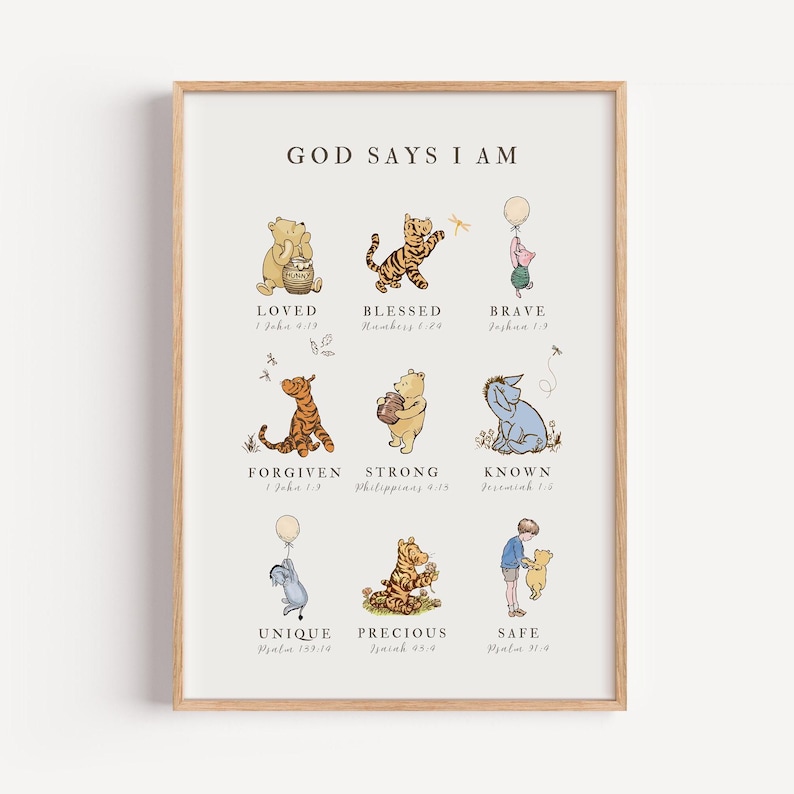 Classic Winnie The Pooh Wall Art, God Says I AM Biblical Affirmations, Christian Nursery Decor, Inspirational Scripture Print, Kid's Room