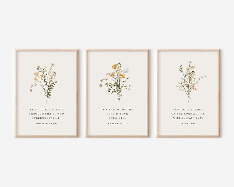 Christian Floral Set of 3, Bible Verse Wall Print, Botanical Scripture, Christian Wall Art,