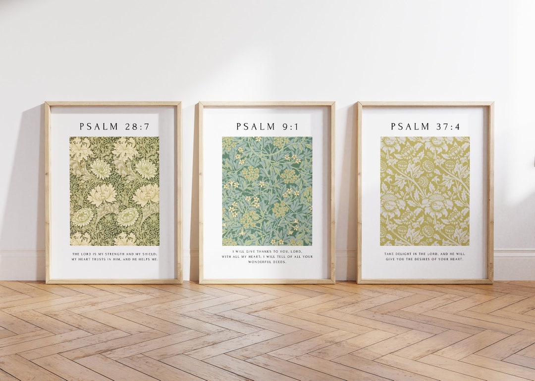 Psalm Christian Wall Art Set of 3, Floral Pattern Bible Verse Print ...