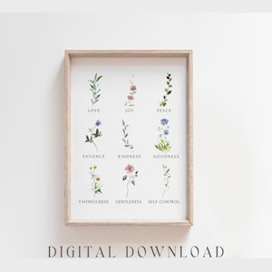 Impressão digital FRUIT of THE SPIRIT, arte de parede cristã botânica, versículo bíblico minimalista para impressão, arte cristã floral, presente de batismo cristão