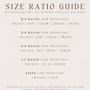 May include: A guide for printing digital files in different aspect ratios. The guide lists the common ratios 2:3, 3:4, 4:5, 1:1, and 11x14, with corresponding inch measurements for each ratio. The text also explains that the ratio of the file will be at the end of the file name, for example, "FRUITOFTHESPIRIT_2X3RATIO".