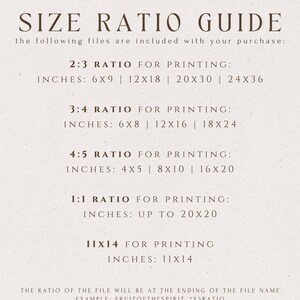 May include: A beige print size ratio guide with text in a brown serif font. The guide lists print sizes in inches for 2:3, 3:4, 4:5, 1:1, and 11x14 ratios. The text includes examples of file names.