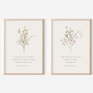Christian Floral Poster Set of 2, Bible Verse Wall Art, Botanical Scripture Print, Nehemiah 8:10, Religious Home Decor, Minimal Farmhouse
