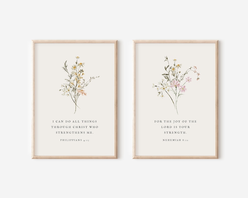 Christian Floral Poster Set of 2, Bible Verse Wall Art, Botanical Scripture Print, Nehemiah 8:10, Religious Home Decor, Minimal Farmhouse