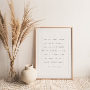 His Mercies are New, Wehklagen 3: 22-23, christlicher Typografie-Druck, Bibel-Vers-Wandkunst, minimales Schriftzeichen, christliches Wohndekor