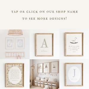 May include: A set of six framed prints with various designs, including a letter A with the name "alen", a letter J with the name "james", a bird on a rocking horse, a giraffe, a fox, a sailboat, and a scripture verse. The prints are all in a light wood frame.