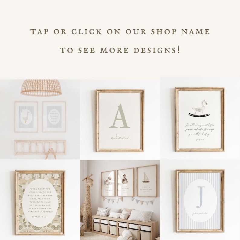 May include: A set of six framed prints with various designs, including a letter A with the name "alen", a letter J with the name "james", a bird on a rocking horse, a giraffe, a fox, a sailboat, and a scripture verse. The prints are all in a light wood frame.